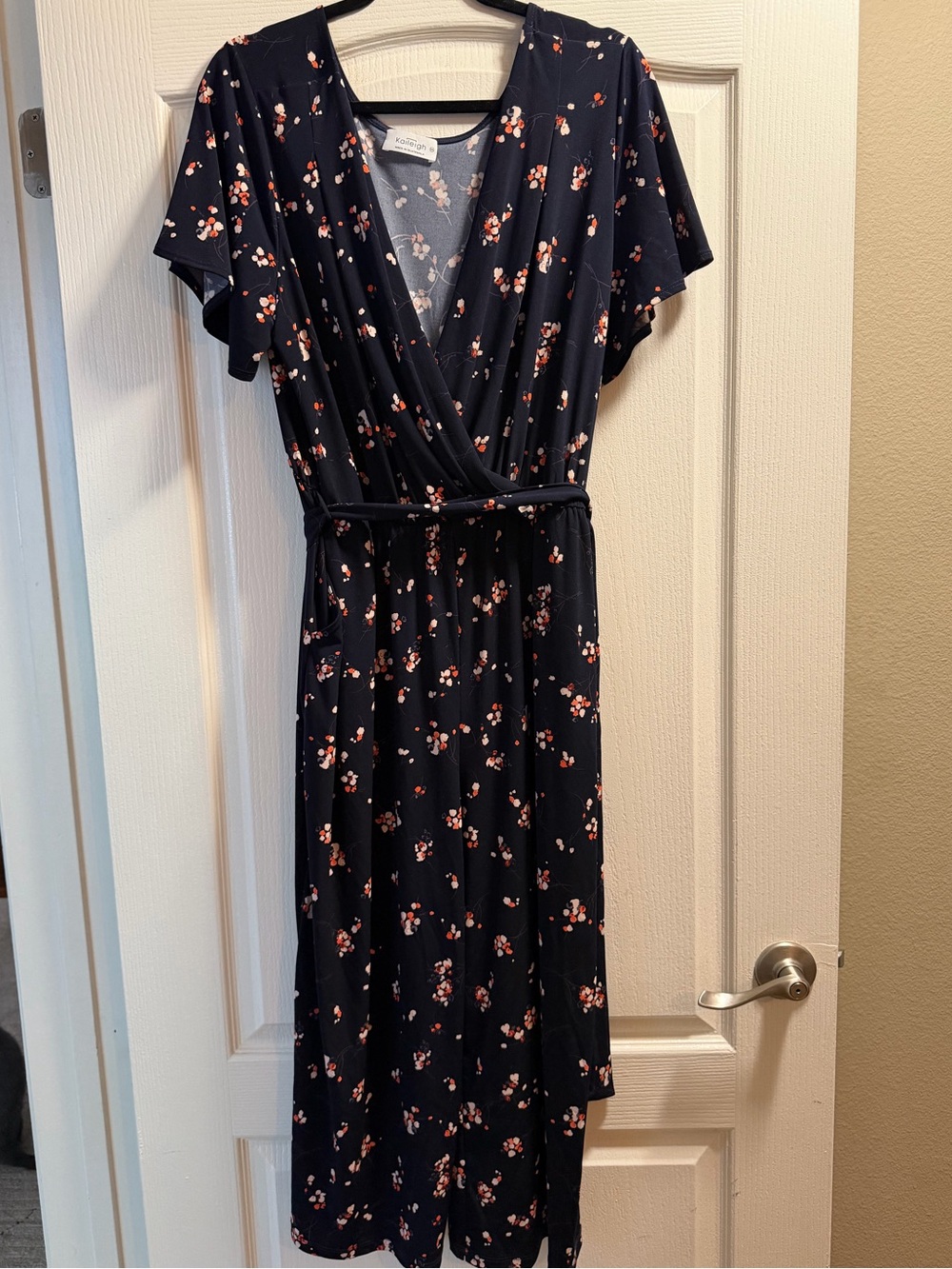 Kaileigh Anthropologie Navy Floral Wrap Jumpsuit Wide Leg Tie Waist Pockets 1X